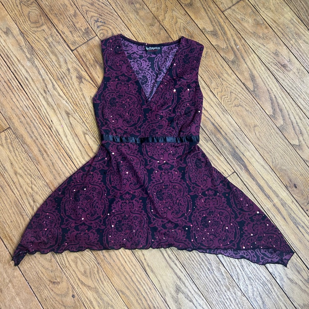Hot Tempered Burgundy Black Damask Sequin Gothic Tunic Top Sleeveless V-Neck